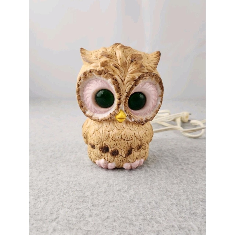 Vintage Ceramic Owl Table Lamp Night Light Retro Lighted Eyes Mid Century Pink